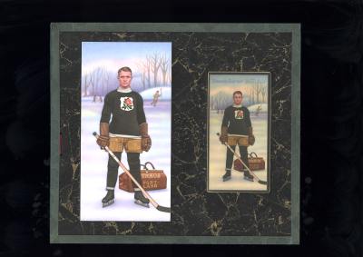Picture, Helmar Brewing, Hockey Icers Card # 13, Percy Traub, Standing, hockey stick, luggage, Portland Rosebuds